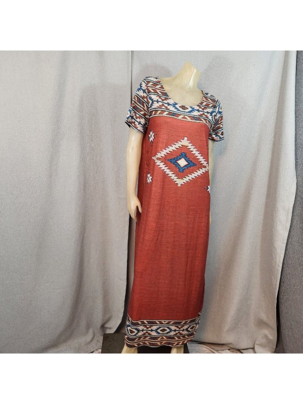Southwestern Style Blue Orange Pattern Short Slv Scoop Nck Long Dress Maxi LARGE